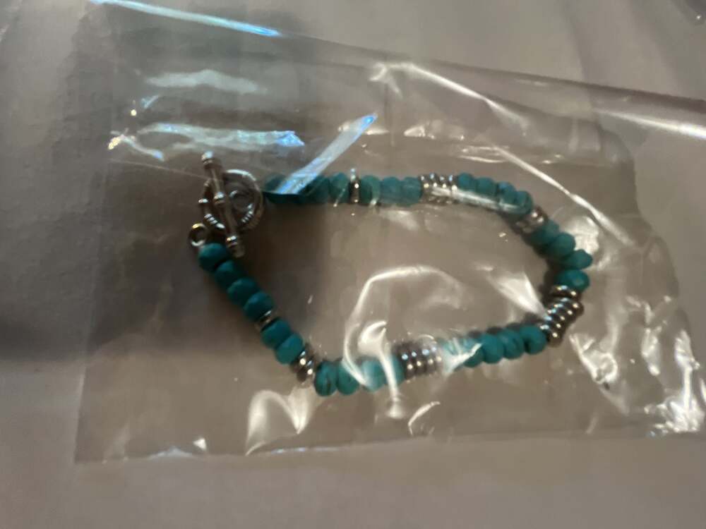 Turquoise Beaded Bracelet with Silver Tone Spacer Beads and Toggle Clasp